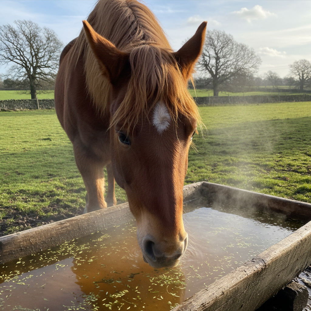 braunes Pferd auf einer grünen Wiese stehend, trinkt aus einer Wassertränke 