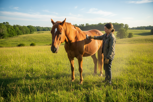 braunes Pferd gestriegelt auf Weide 