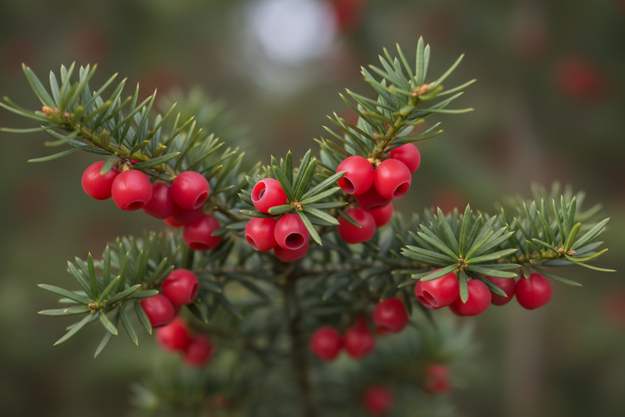 rote kleine Früchte der Eibe an Zweigen mit Nadeln