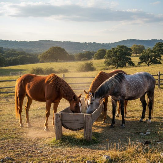 zwei braune und ein weißes Pferd auf einer weide bei Sonnenschein, die aus einem Futtertrog fressen 