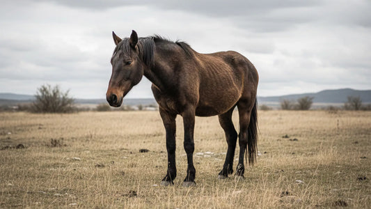 ein dunkelbraunes Pferd in karger Landschaft 