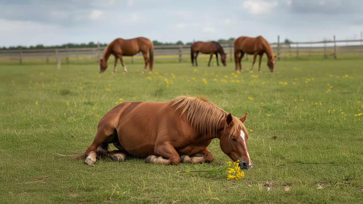 Pferde auf der Weide. Ein liegendes Pferd riecht an Jakobskreuzkraut