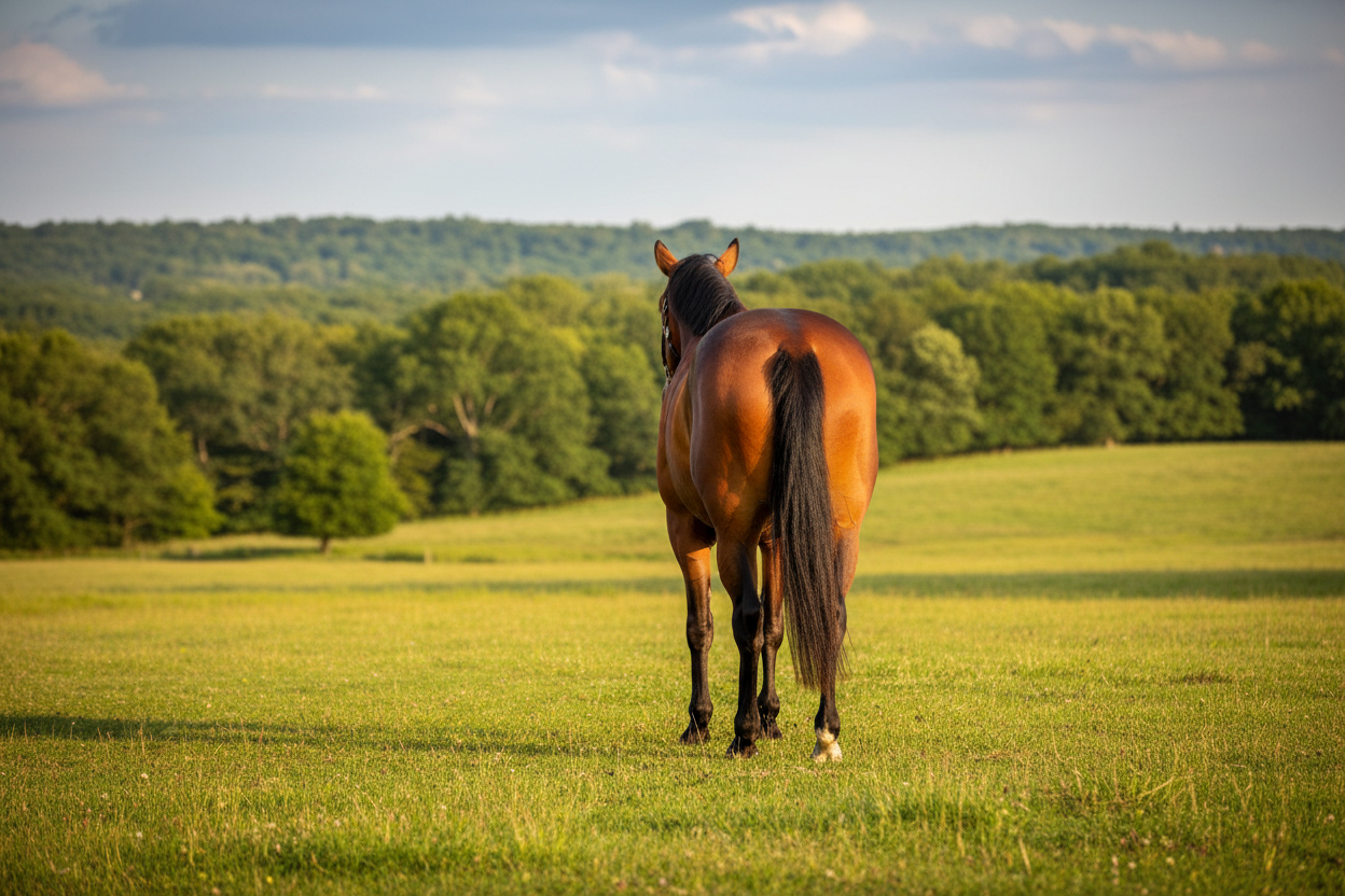 braunes Pferd von hinten auf Wiese, Wälder im Hintergrund