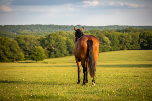 braunes Pferd von hinten auf Wiese, Wälder im Hintergrund