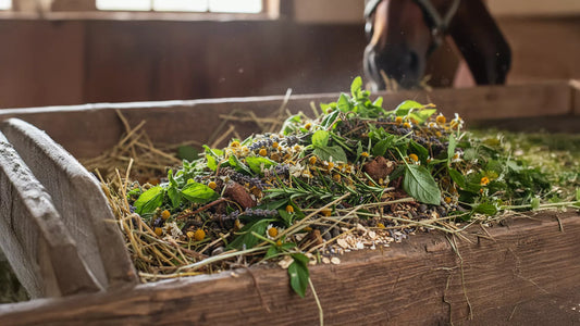 ein Futtertrog mit verschiedenen grünen Kräutern in einem Pferdestalll