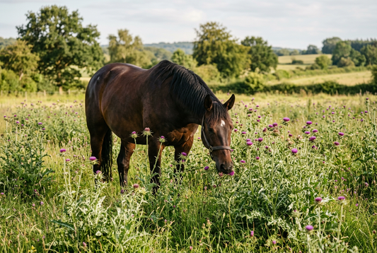 dunkelbraunes Pferd frisst Mariendistel