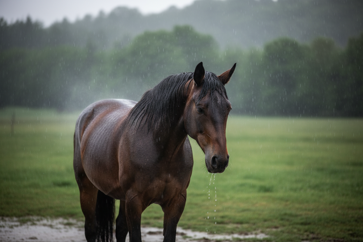 dunkelbraunes Pferd im Regen
