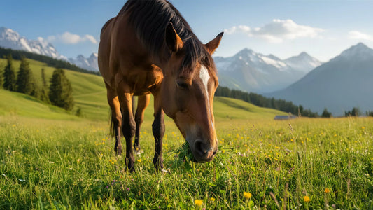 ein braunes Pferd im Vordergrund auf einer grünen Wiese grasend in den Bergen 