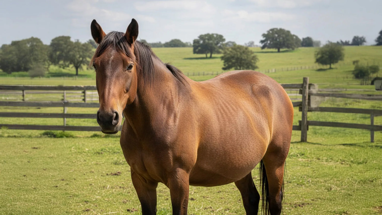 ein dunkelbraunes Pferd auf der grünen eingezäunten Weide bei Sonnenschein 