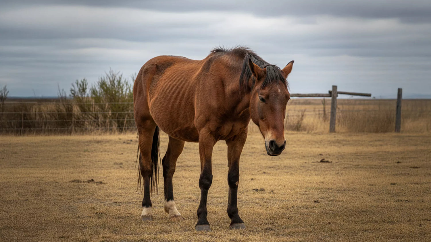 ein braunes Pferd mit leicht gesenktem Kopf auf einer kargen Weide