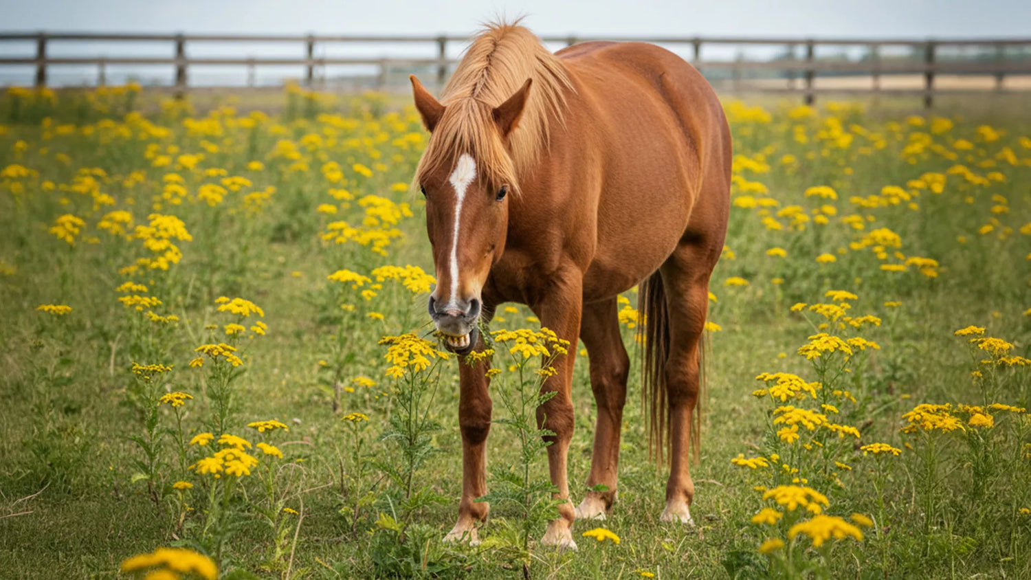 ein braunes Pferd auf einer Wiese mit vielen gelben Jakobskreuzkraut Blüten 