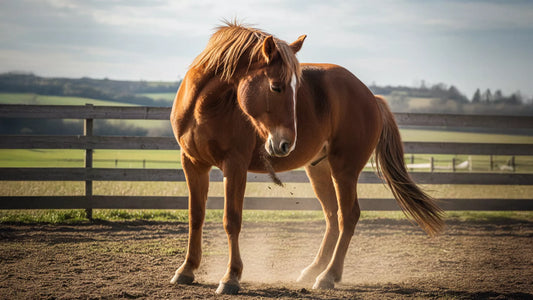 ein braunes Pferd auf einer eingezäunten Weide nach links schauend 