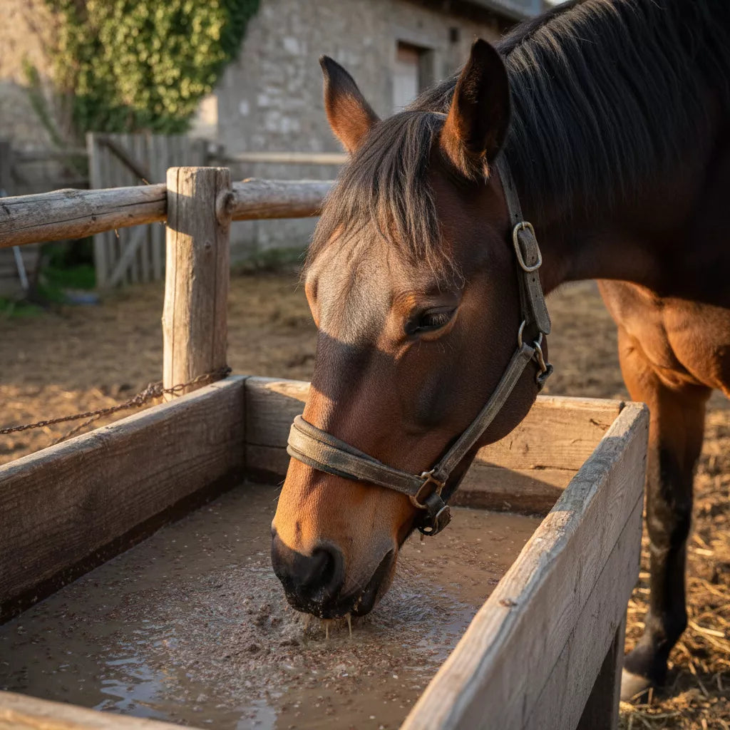 ein braunes Pferd, das aus einer Wassertränke trinkt