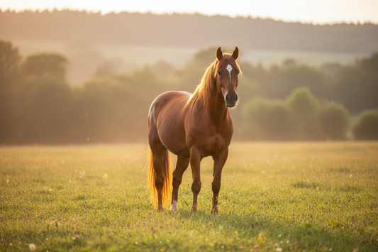 hellbraunes Pferd auf Wiese Sonne