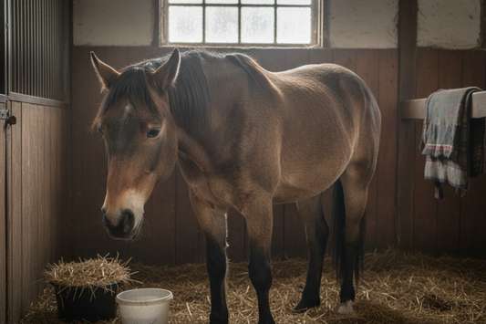 braunes Pferd im Stall, das traurig schaut