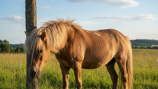 ein in hohem Gras stehendes hellbraunes Pferd, das sich an einem Baumstamm reibt. 